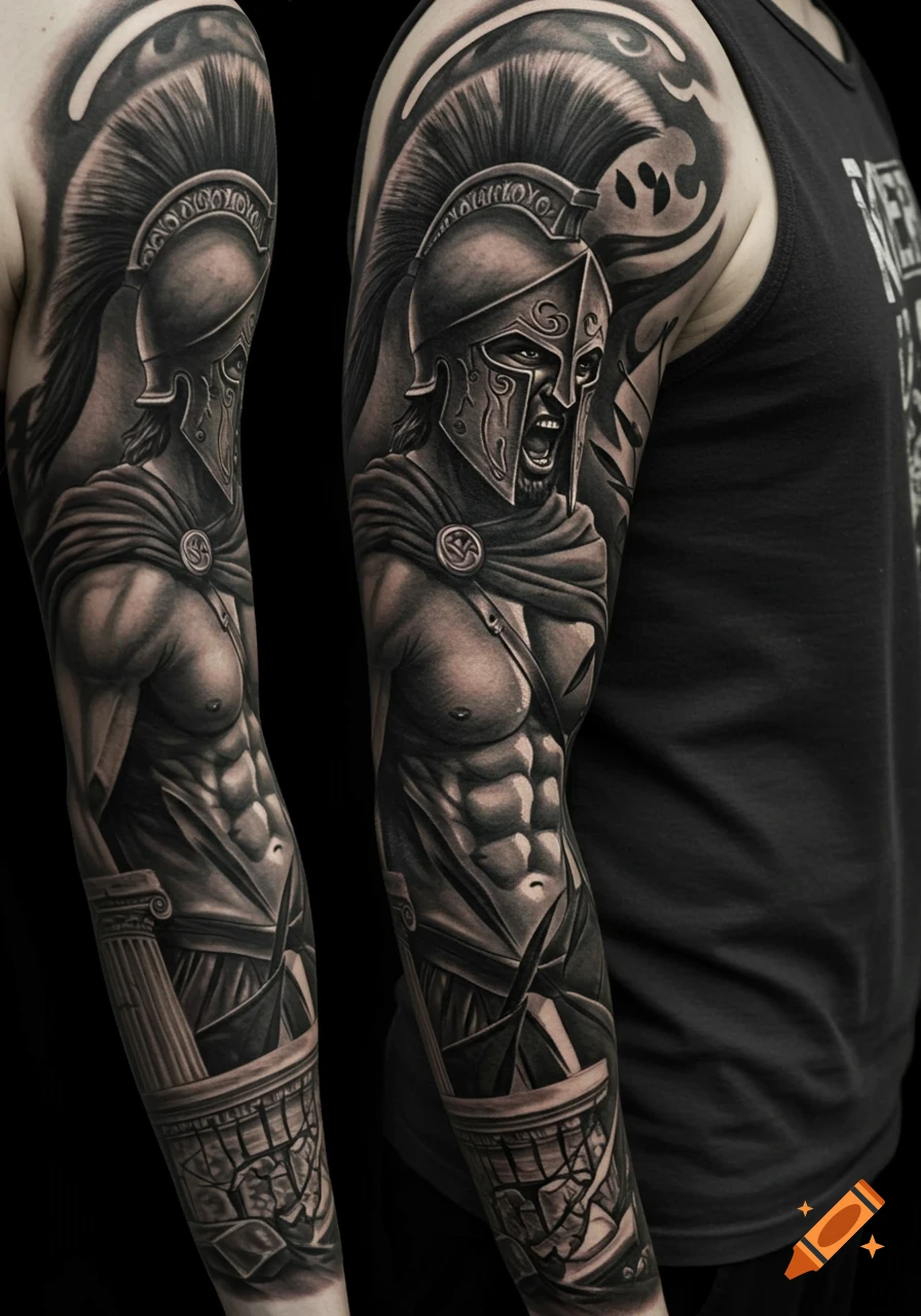 Photorealistic black and grey sleeve tattoo of a screaming Spartan warrior with abs, helmet, and cape, against ancient ruins and tribal designs.