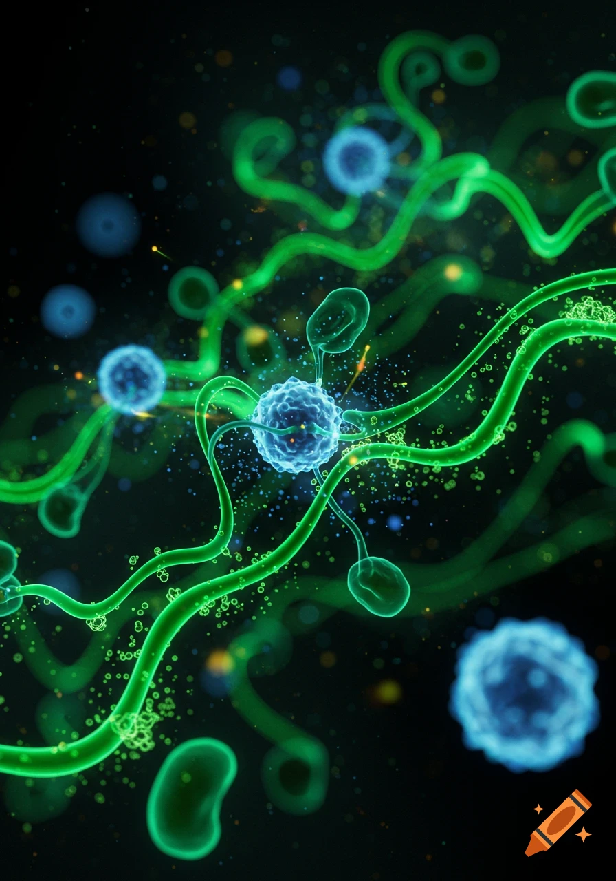 Microscopic view of glowing blue cells and interconnected green tubular structures against a dark background, depicting an immune system.