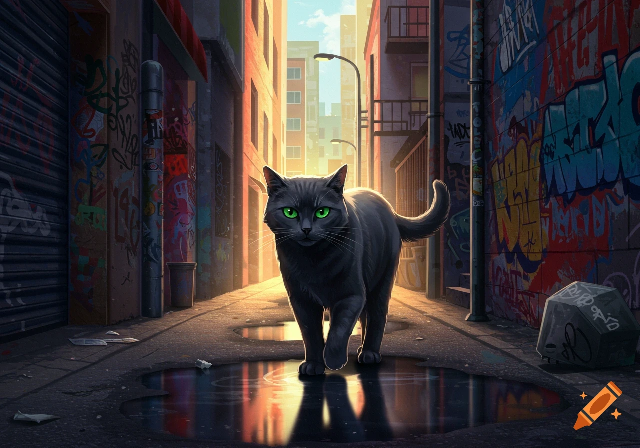 A black cat with glowing green eyes walks towards the viewer down a sunlit, graffiti-covered urban alley with puddles.