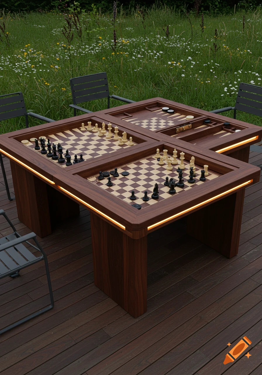 A wooden multi-game outdoor table with four sections, two set for chess and two for backgammon, on a deck with a grassy background.