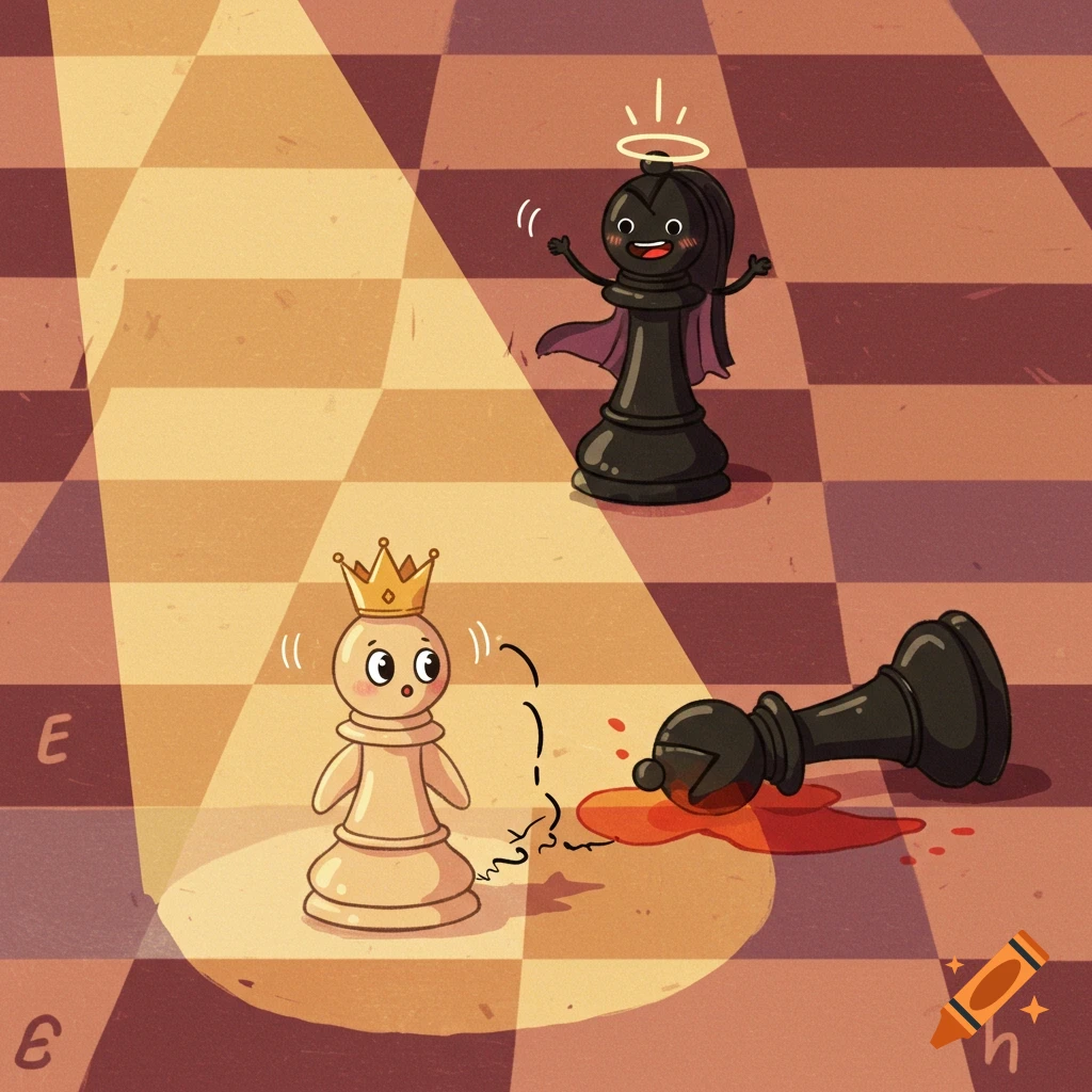 A cartoon chess scene. A white pawn king, wearing a crown, looks scared while a black bishop with a halo celebrates. A black chess piece lies fallen in a pool of blood next to the king.
