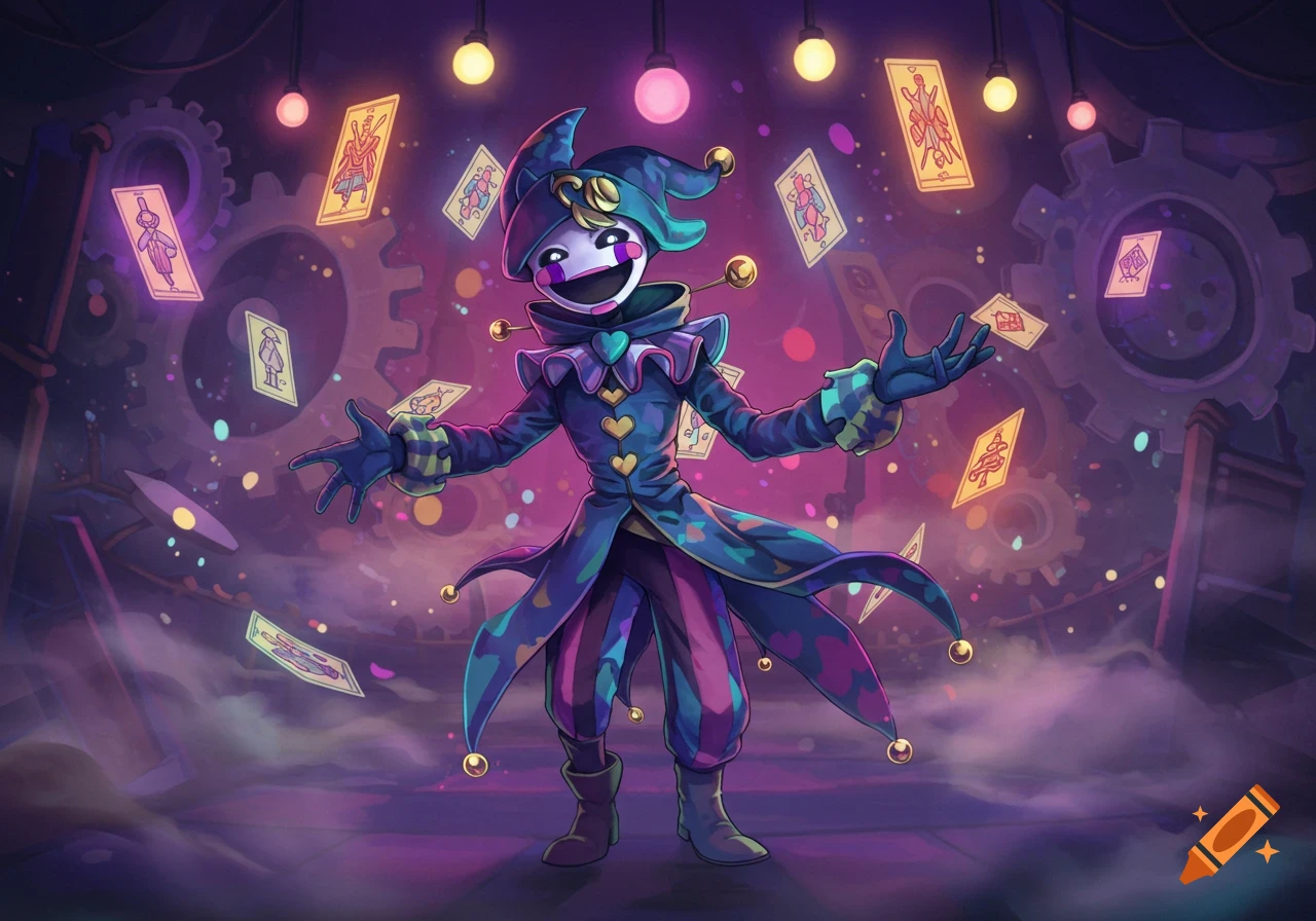 A whimsical cartoon jester puppet with a large smile and colorful outfit juggles glowing playing cards in a dark, gear-filled setting with hanging lights.