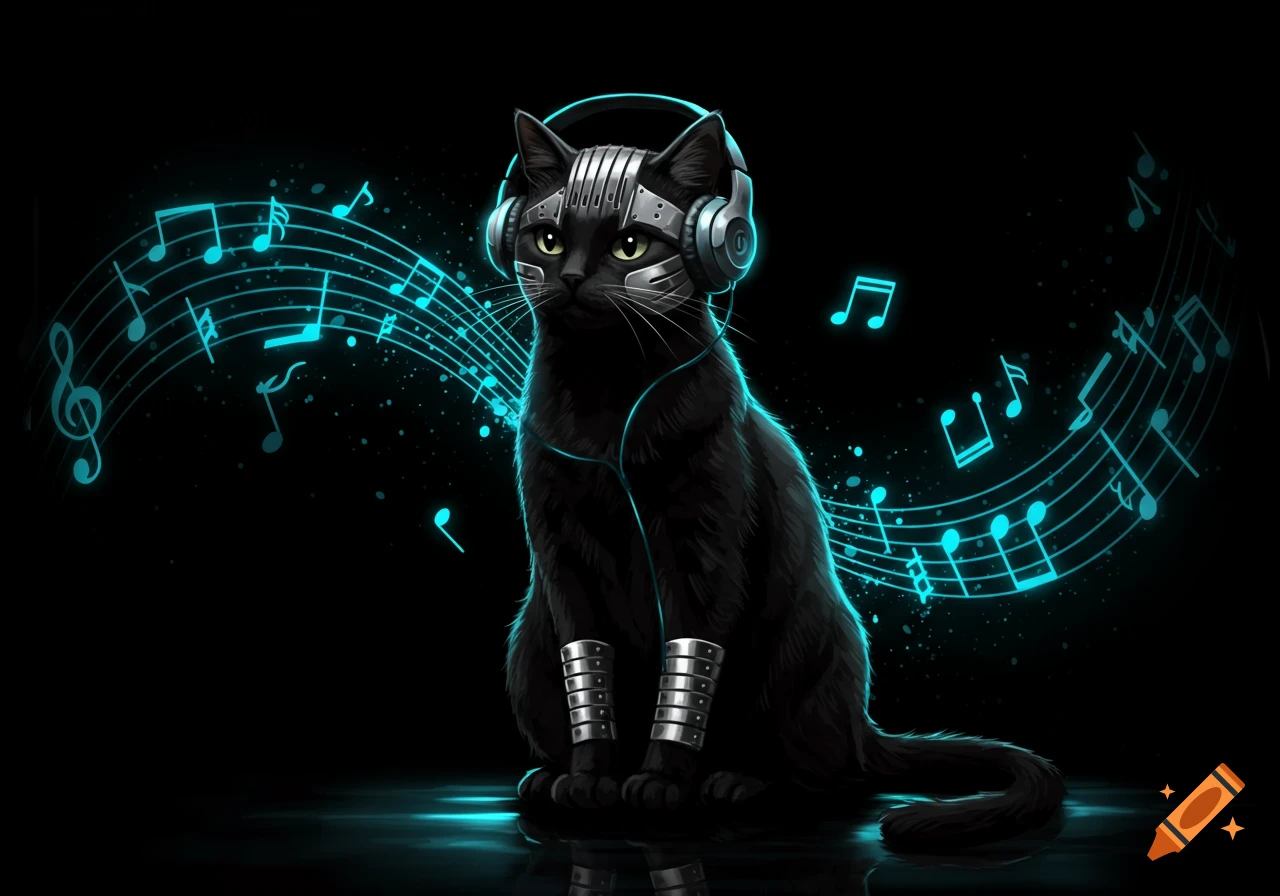 An anime-style black cat with green eyes wears silver headphones and armbands, surrounded by glowing blue music notes on a dark background.