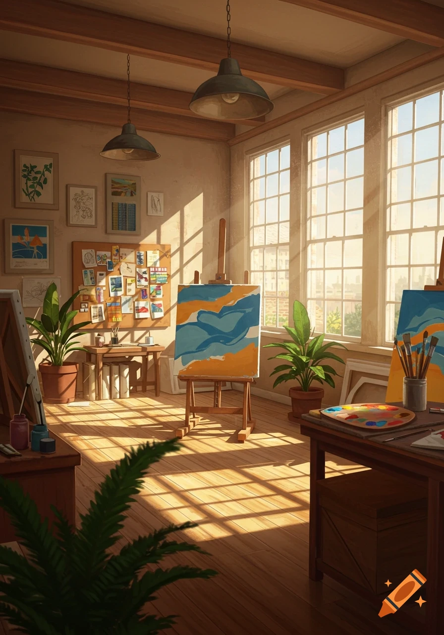 A sun-drenched art studio with multiple easels, abstract paintings, potted plants, and wooden floors, with light streaming through large windows.