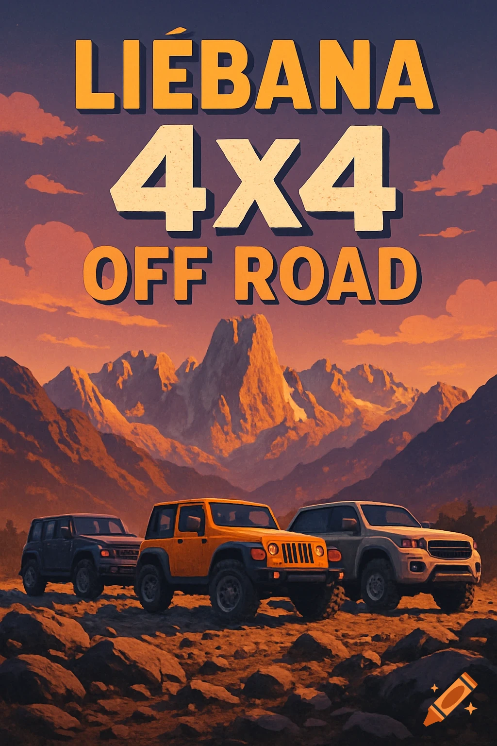 A stylized poster showing three off-road vehicles on a rocky landscape with mountains under an orange sky, featuring the text "LIÉBANA 4X4 OFF ROAD".