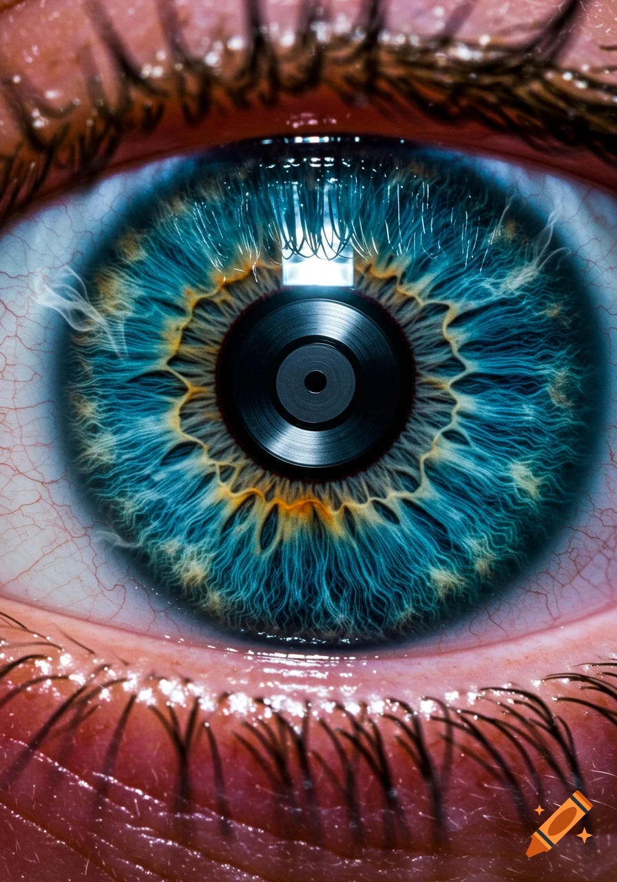Close-up of a human eye with a blue and yellow iris, where the pupil is replaced by a black vinyl record.