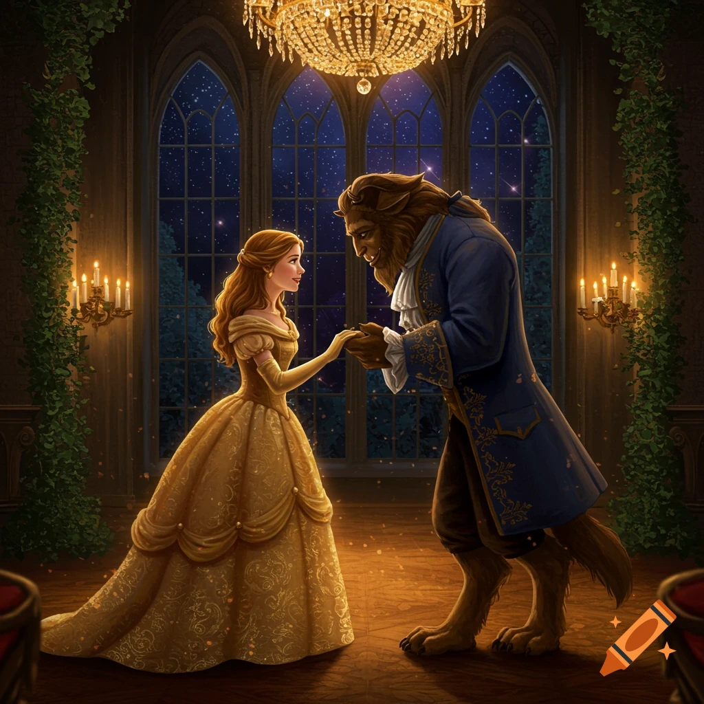 Belle in a gold gown dances with the Beast in a blue coat in a grand hall with a chandelier and starry windows.