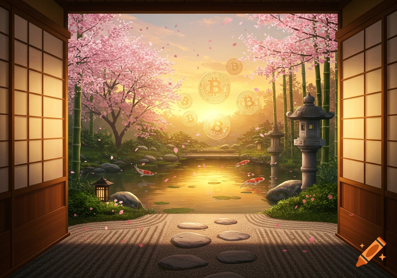 A serene Japanese garden with pink cherry blossoms, a koi pond, bamboo, and Bitcoin symbols floating in a vibrant sunrise sky.