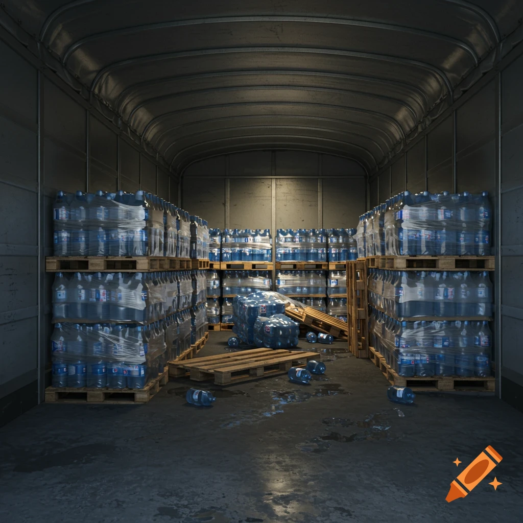 Photorealistic image of the interior of a semi-trailer loaded with pallets of bottled water. Some pallets are overturned, with bottles and water puddles on the floor.