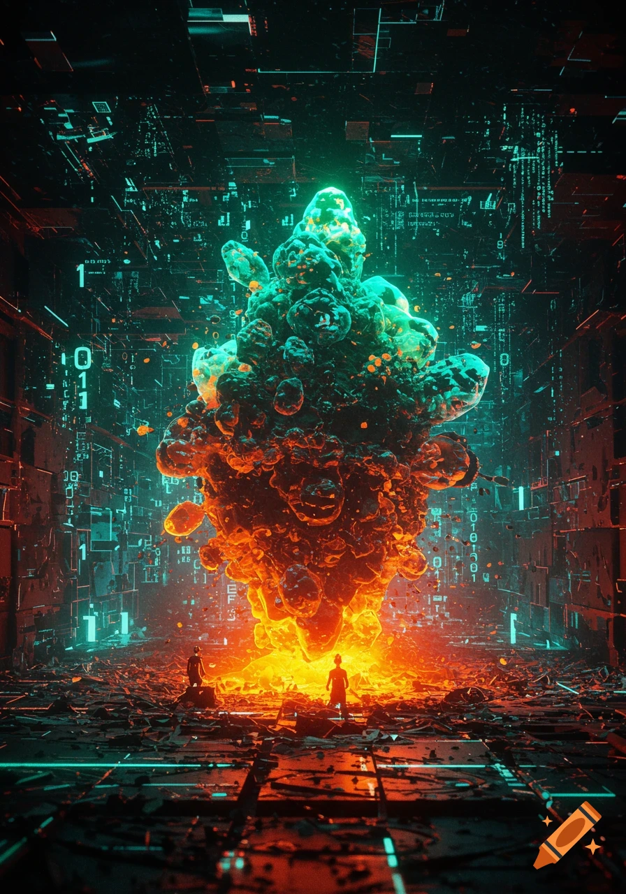 A vibrant digital explosion of green and orange energy in a dark, sci ...