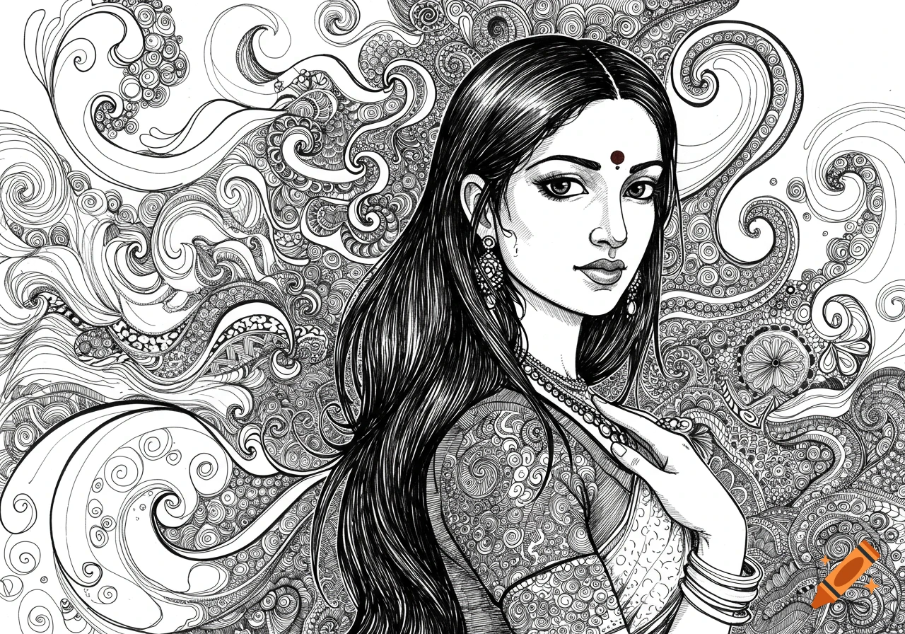 Black and white line drawing of an Indian woman with long hair and a bindi, against intricate swirling patterns.
