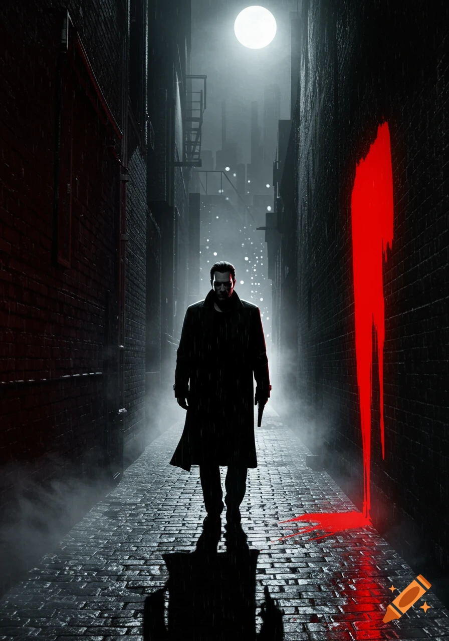 A man in a trench coat with a gun walks through a dark, rainy alley under a full moon, with a red paint streak on the wall and ground, in a high-contrast noir style.