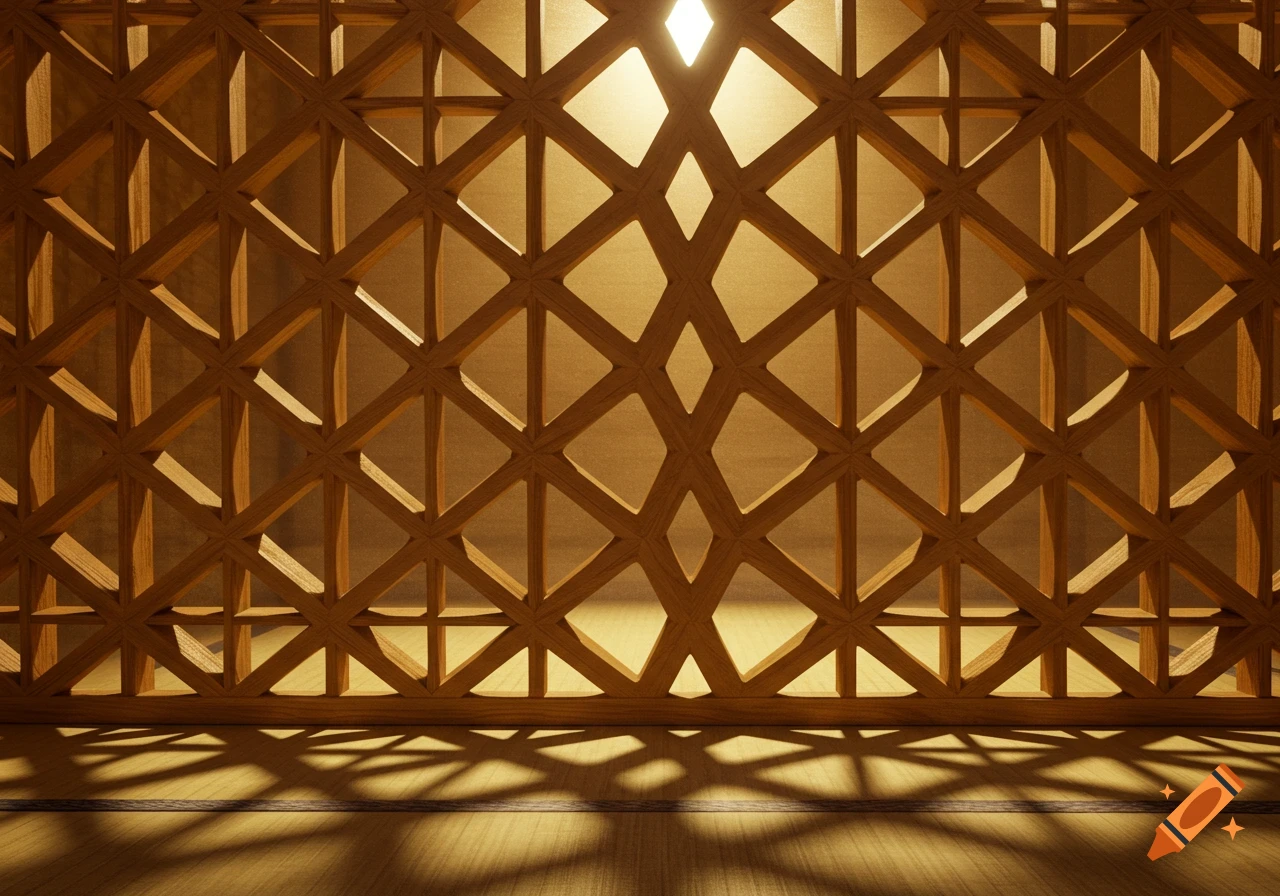 A wooden Kumiko lattice screen with light casting intricate shadows on a wooden floor.