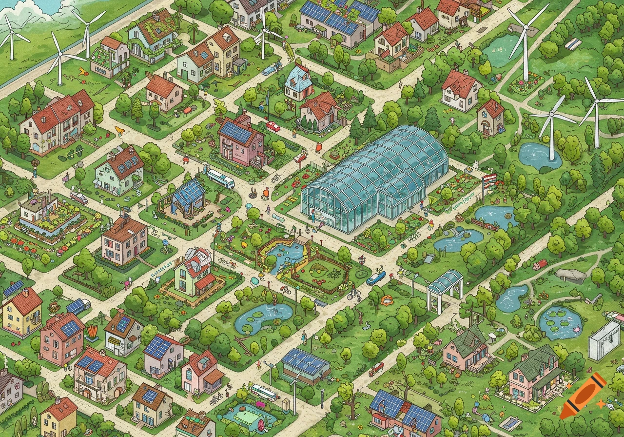 An isometric, hand-drawn map of a sustainable town featuring houses with solar panels, windmills, ponds, and green spaces.