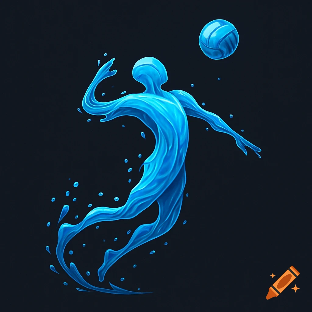 A stylized blue water figure playing volleyball on a dark background.