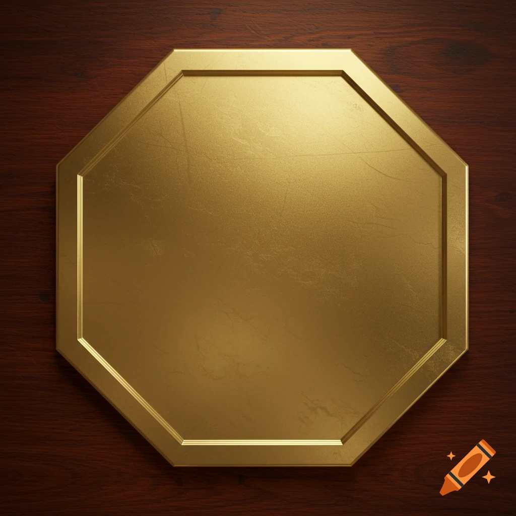 A shiny brass octagon-shaped plaque on a dark wooden background.
