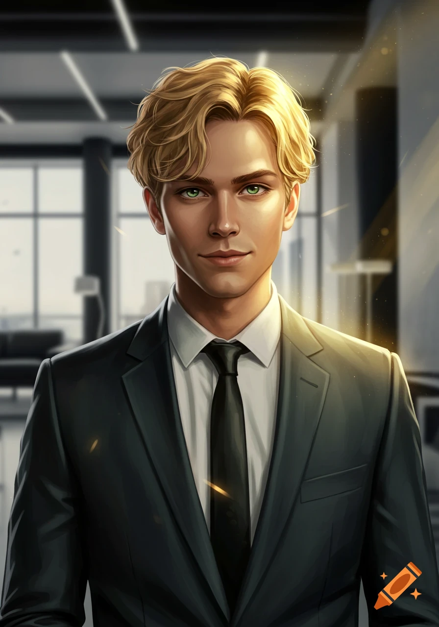 A handsome man with golden blonde hair and piercing green eyes, wearing a dark suit and black tie, smirking slightly. He is depicted in a digital painting style, with light shining on his hair and shoulder in a modern office background.