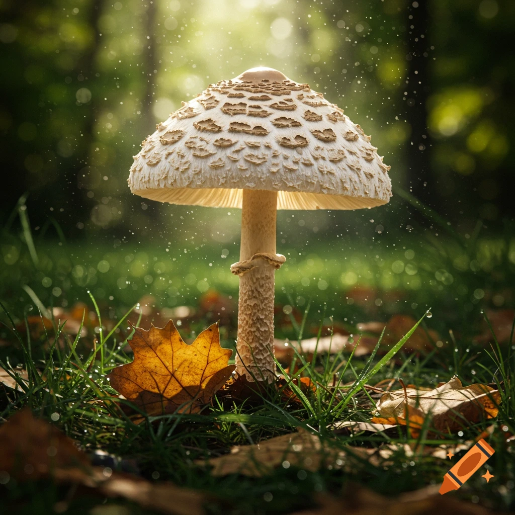 A photorealistic parasol mushroom stands in green grass with fallen leaves, illuminated by dappled sunlight and sparkling water droplets in a forest.