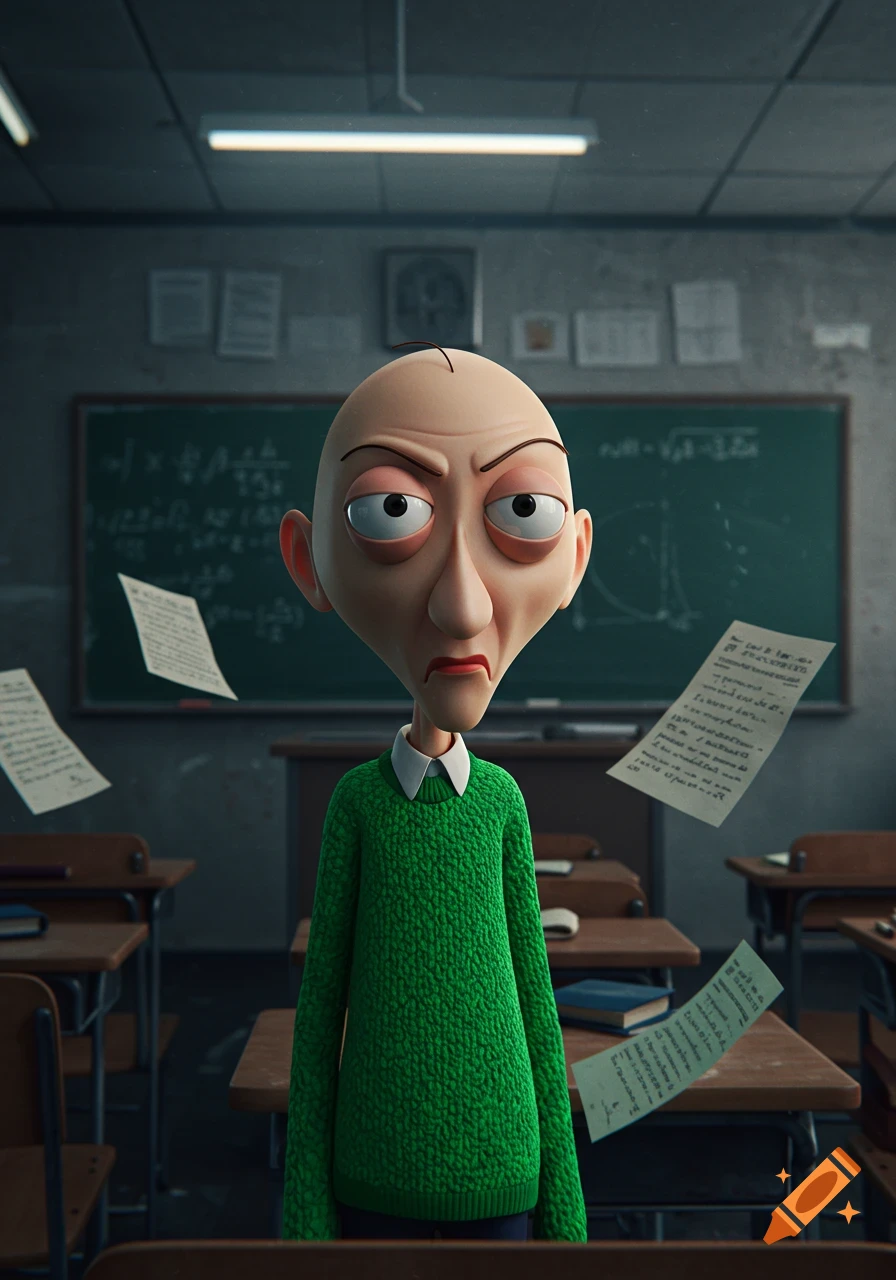 A cartoonish bald man in a green sweater with a grumpy expression stands in a classroom with floating papers and a blackboard.