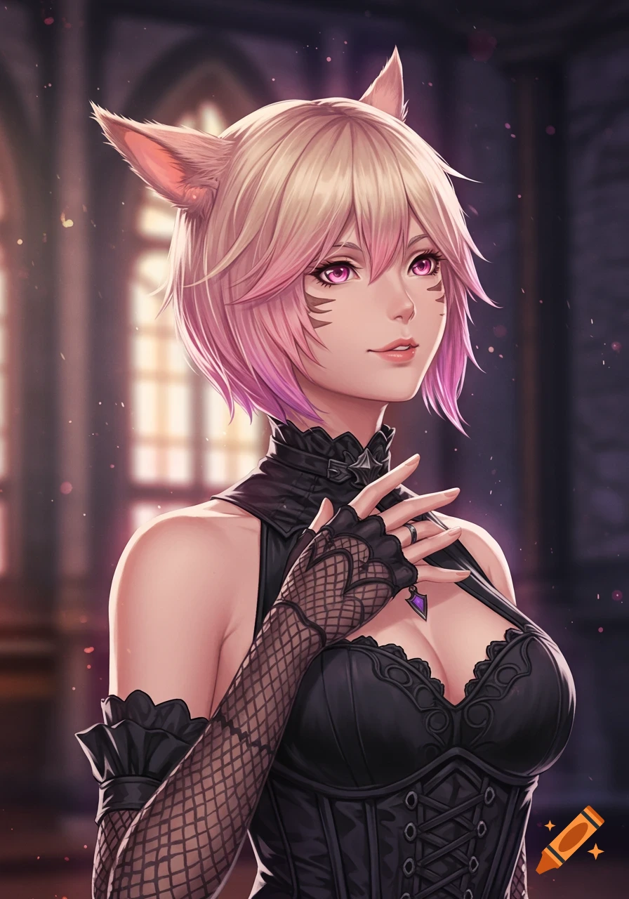 Anime portrait of a catgirl with blonde and pink hair, purple eyes, wearing a black gothic outfit and fishnet gloves.