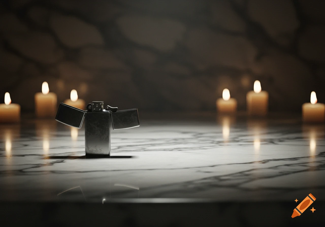An open chrome lighter stands on a reflective marble surface, surrounded by blurred, lit candles in a dimly lit setting.