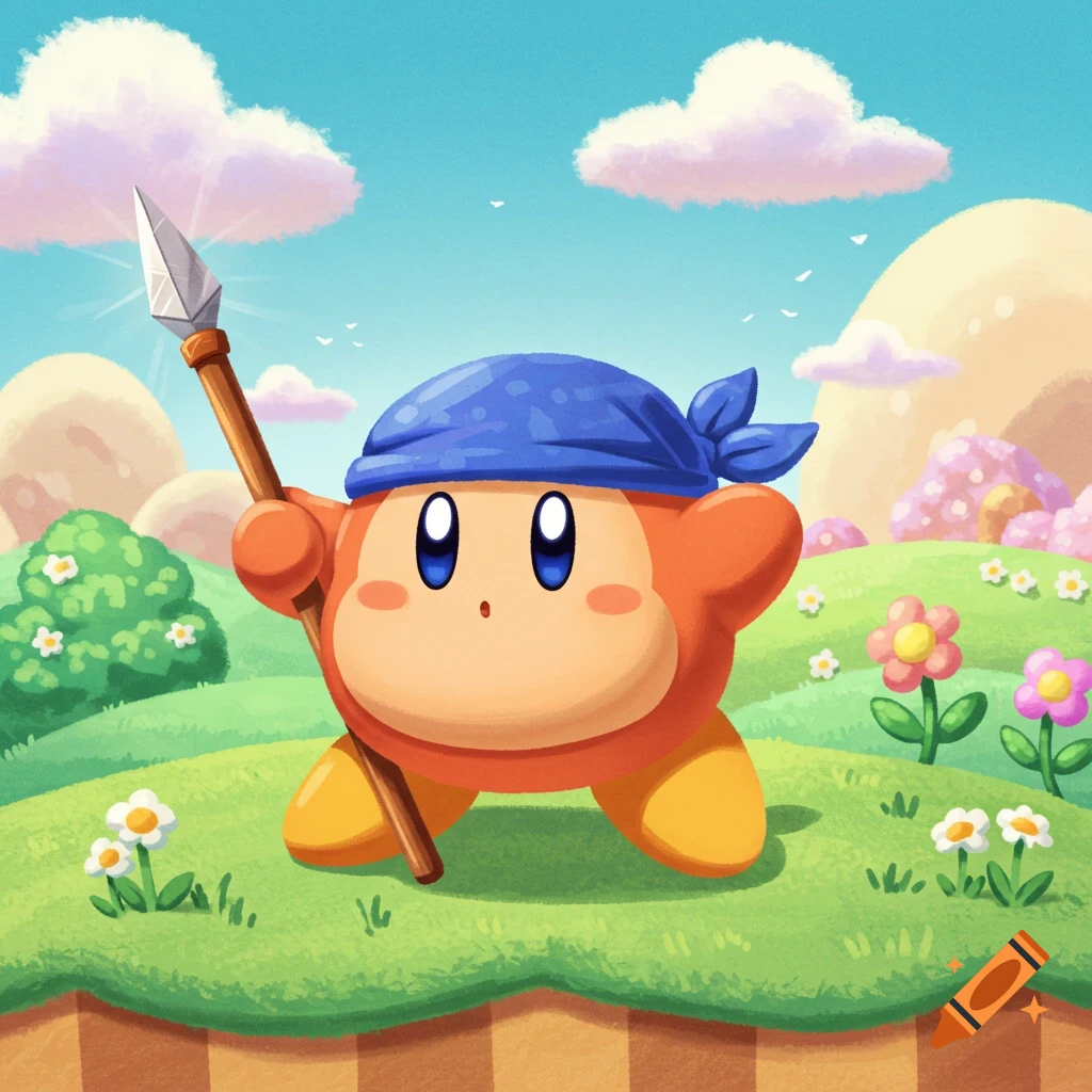Bandana Waddle Dee with a blue bandana and spear stands in a pastel green landscape with hills and flowers.
