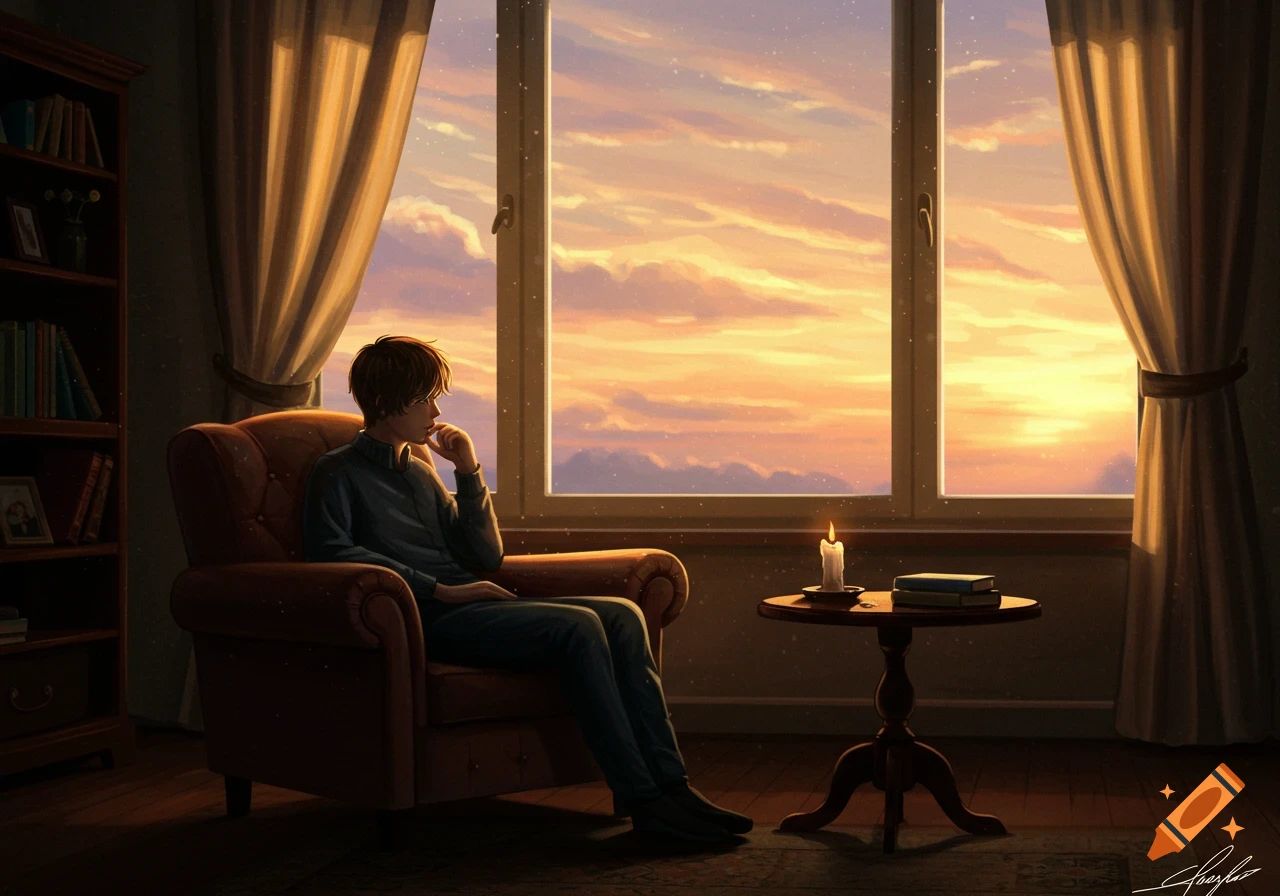 A person sits in an armchair, looking out a window at a beautiful sunset over distant mountains, with a candle and books on a nearby table.