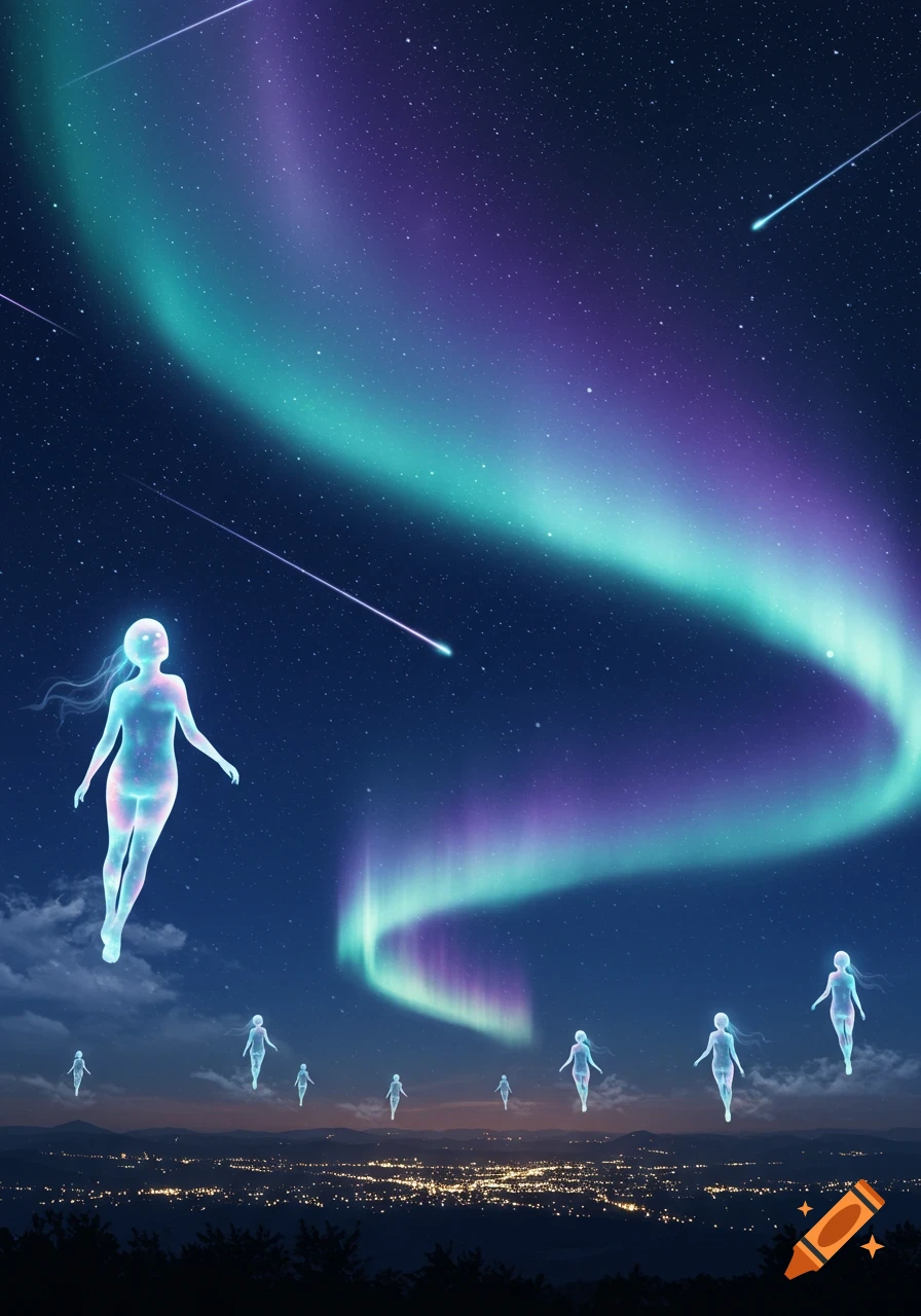 Ethereal glowing figures float under a vibrant green and purple aurora borealis in a starry night sky above a city.