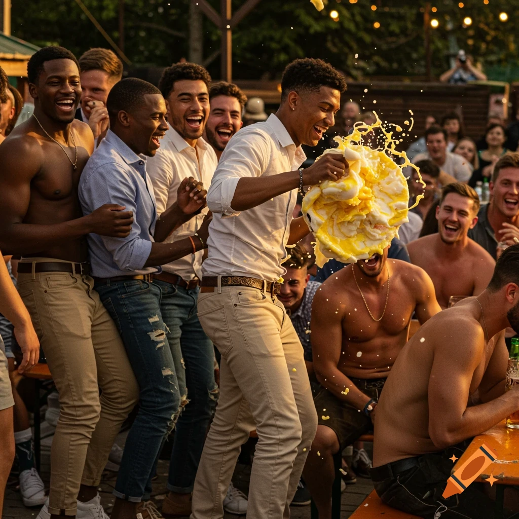 Smiling men at an outdoor party, one splattering a yellow and white foam pie onto another's face while others watch and laugh.