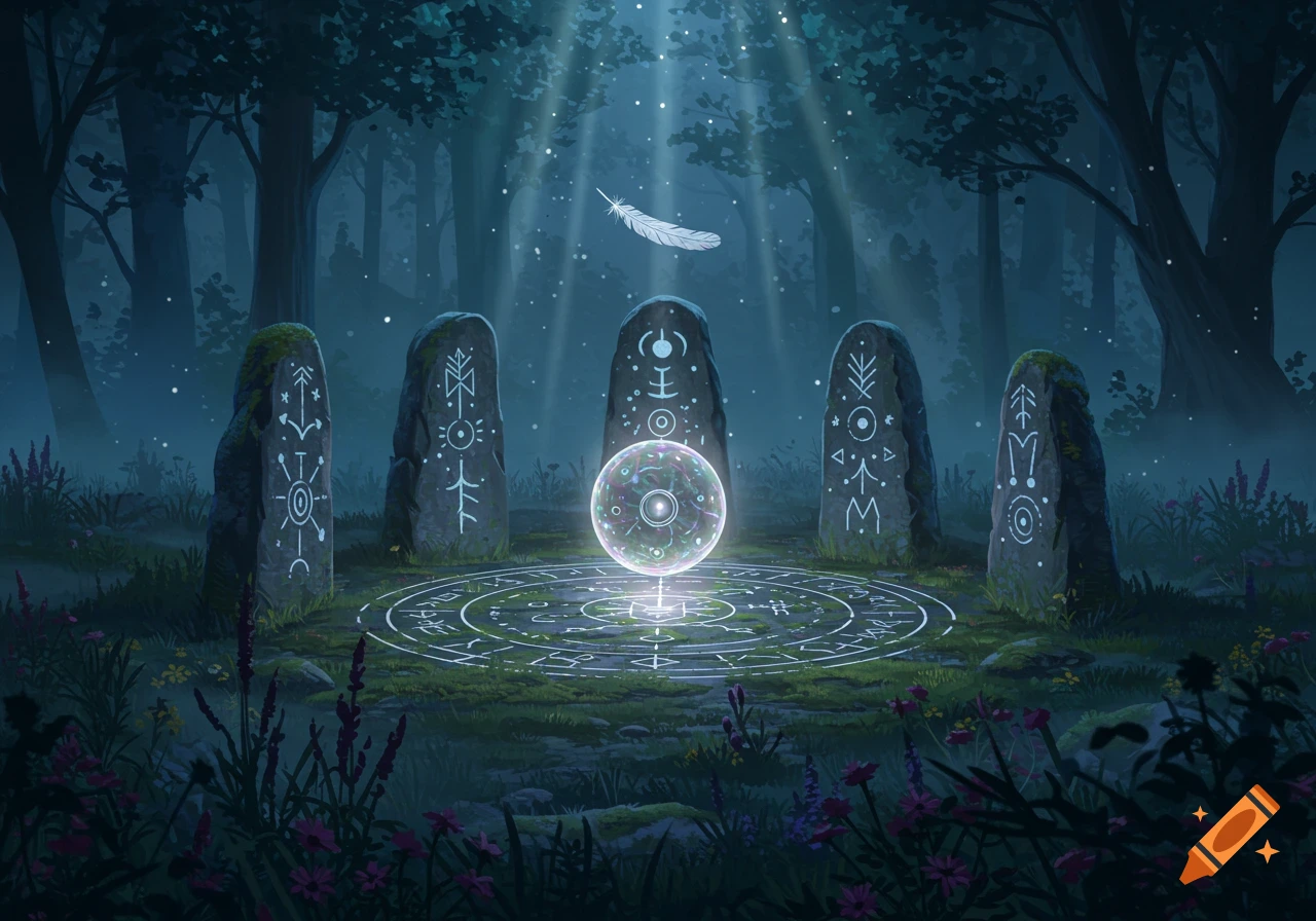 A mystical forest scene at night with moonlight illuminating a magical orb surrounded by four runic standing stones and a glowing symbol array on the ground.