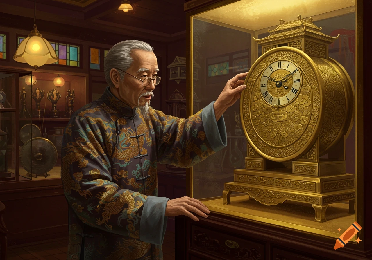 An old Asian man in a traditional robe examines a large, ornate golden clock displayed in an antique shop, illustrated.
