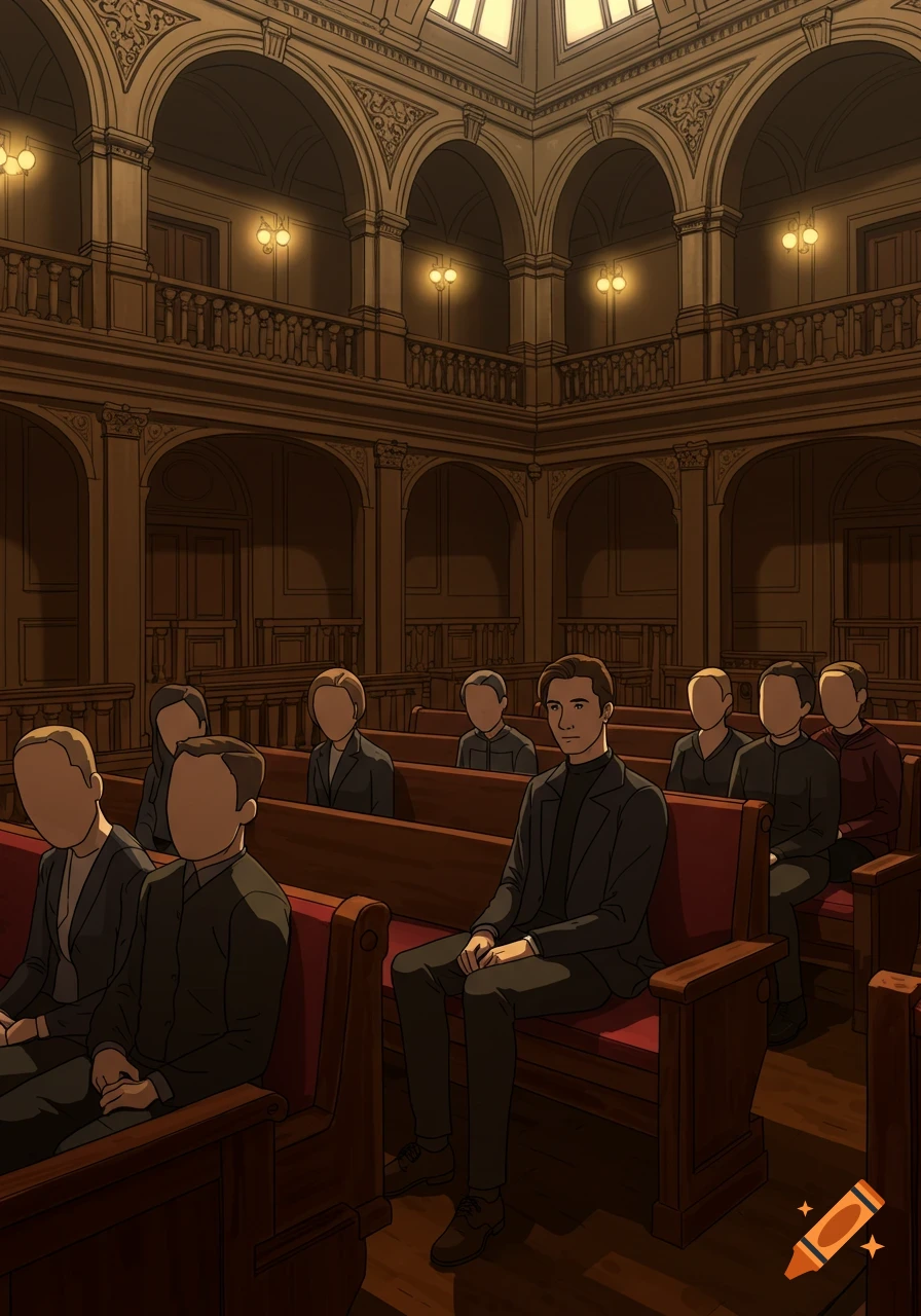 Animated scene inside an ornate courtroom with a single person in a dark suit having a visible face among several faceless figures in the audience.