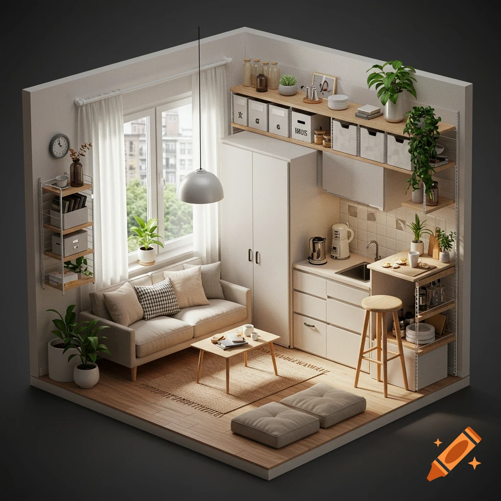 An isometric view of a modern, organized studio apartment with a living area, kitchenette, and plants.