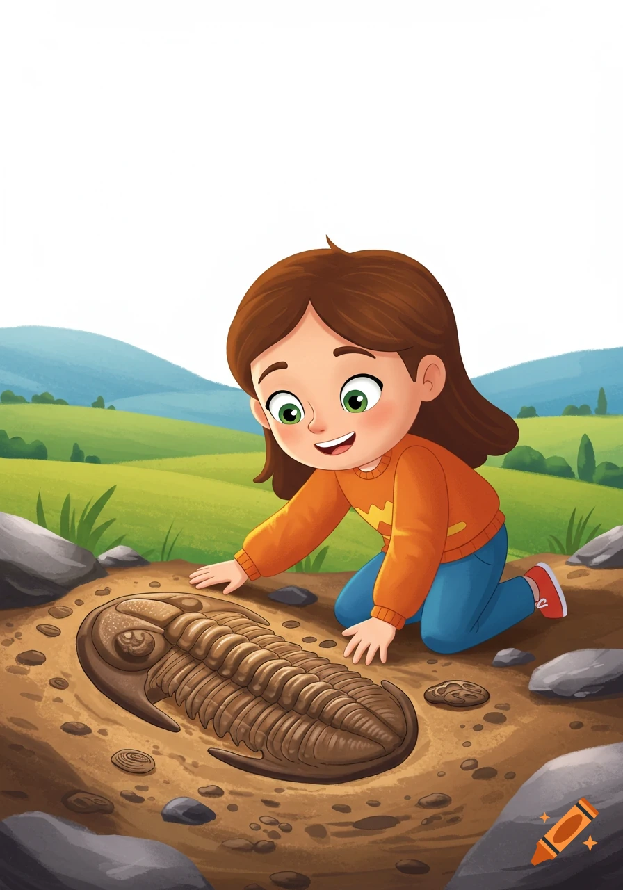 A cheerful cartoon girl kneels on rocky ground, carefully observing a large trilobite fossil, with green hills in the background.