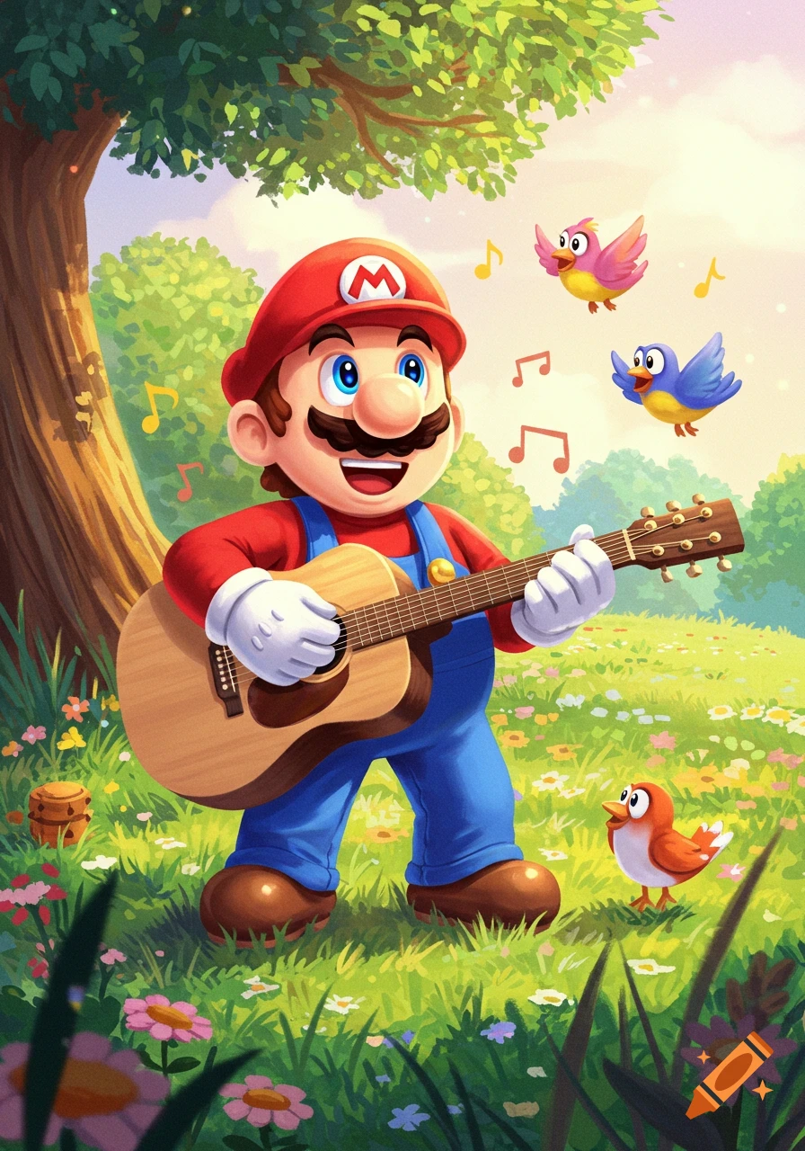 Cartoon Mario plays an acoustic guitar in a vibrant, sunny field with flowers and singing birds.