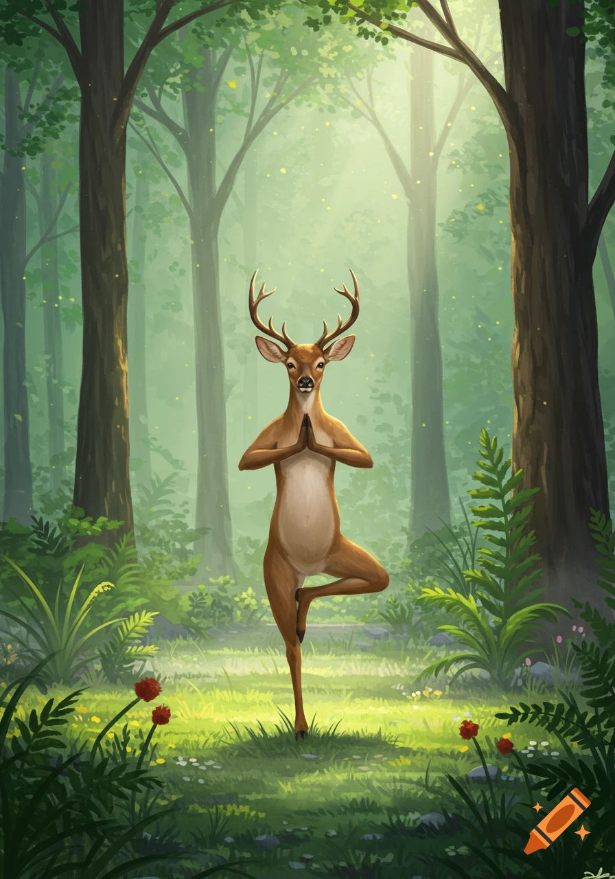 Illustrated deer in a lush forest performing a yoga tree pose.