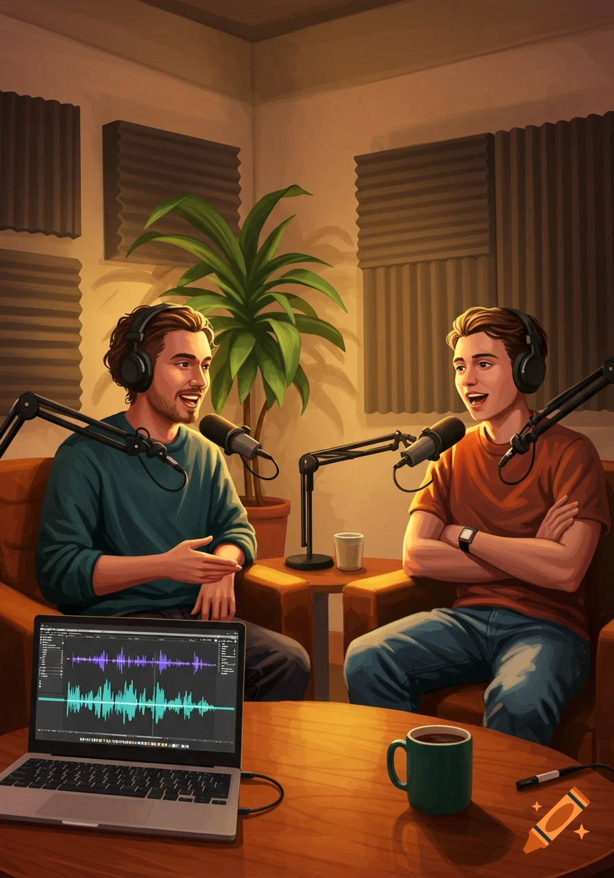 Two men in headphones talk into microphones in a podcast studio, with a laptop showing audio waveforms on a wooden table. Stylized illustration.