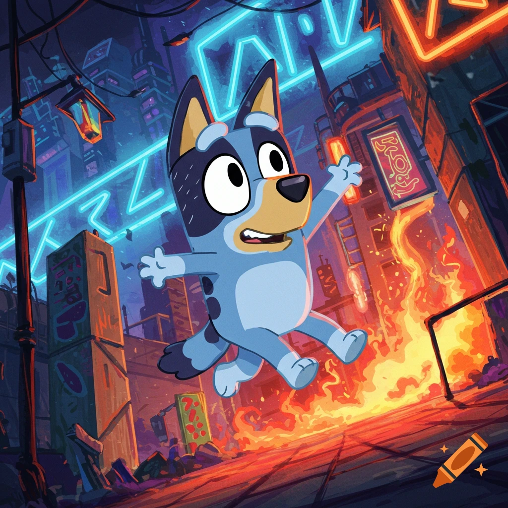A cartoon blue dog-like character, Bluey, floats through a vibrant cyberpunk city street engulfed in orange flames and neon signs.