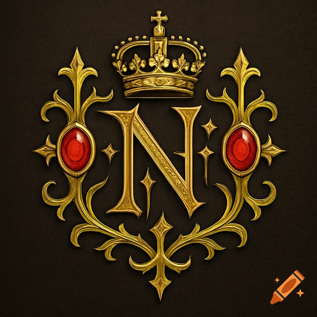 A golden gothic monogram 'N' with a crown on top, flanked by ornate gold flourishes and two red ruby-like jewels on a dark background.