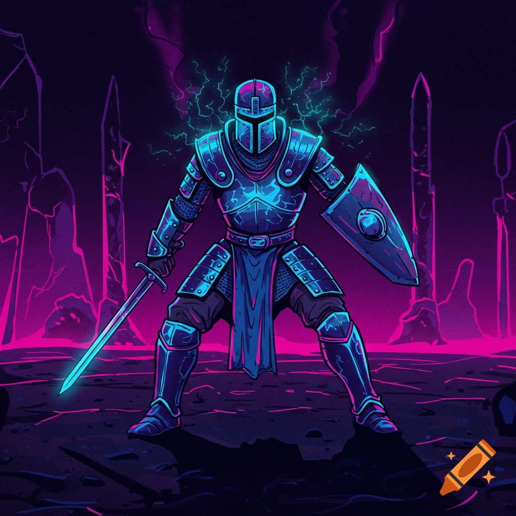 A neon-styled knight in glowing blue and purple armor holds a sword and shield in a dark, jagged, glowing landscape.