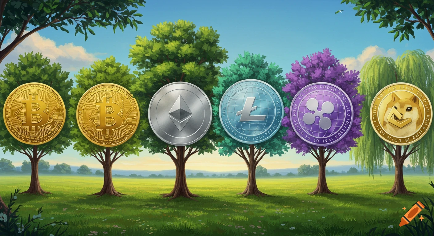 A row of trees in a green field, each bearing large, colorful cryptocurrency tokens instead of fruit. Tokens include Bitcoin, Ethereum, Litecoin, Ripple, and Dogecoin.