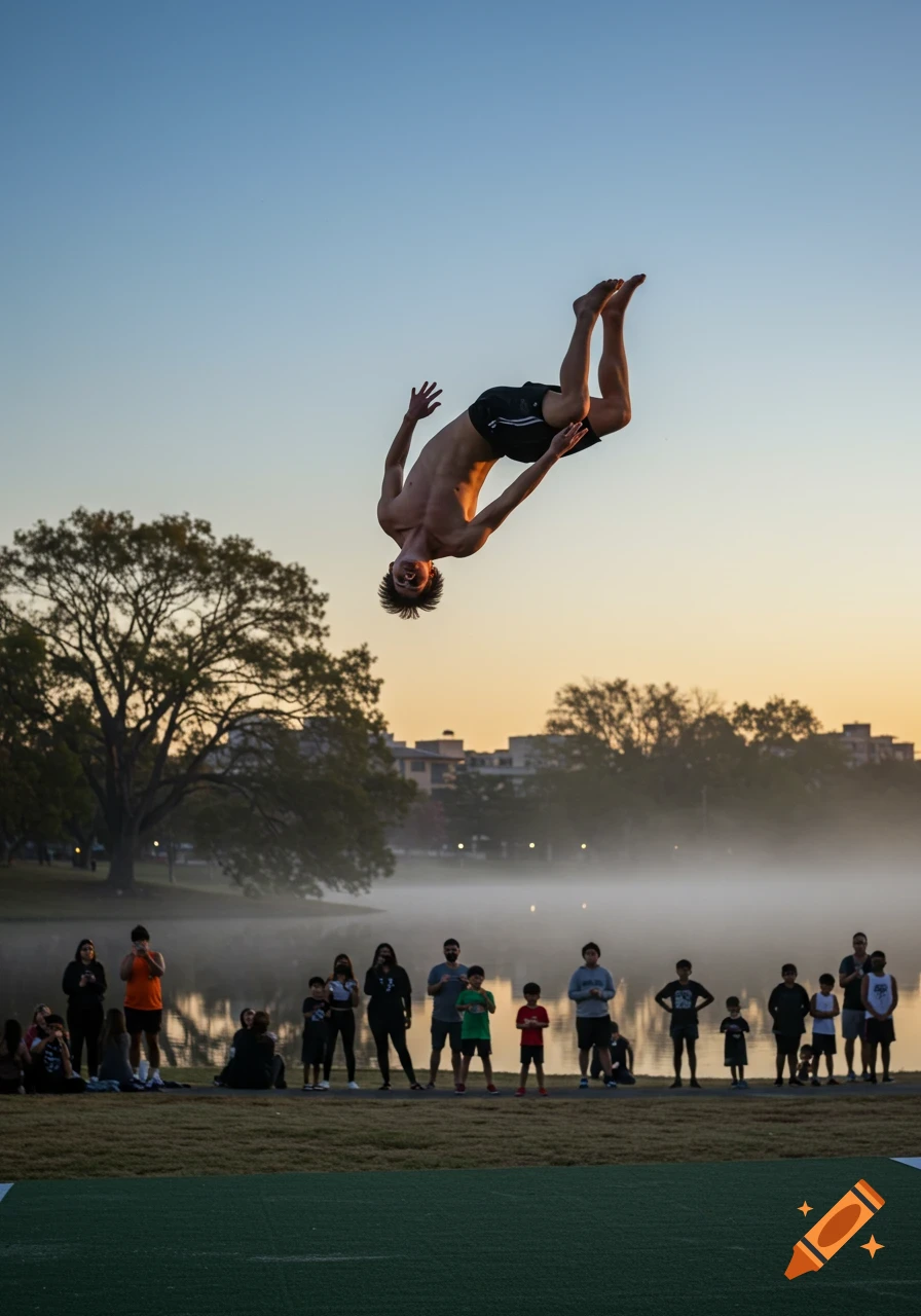 A shirtless person performs a backflip in mid-air over a green field, with a crowd of onlookers by a misty lake at sunrise.