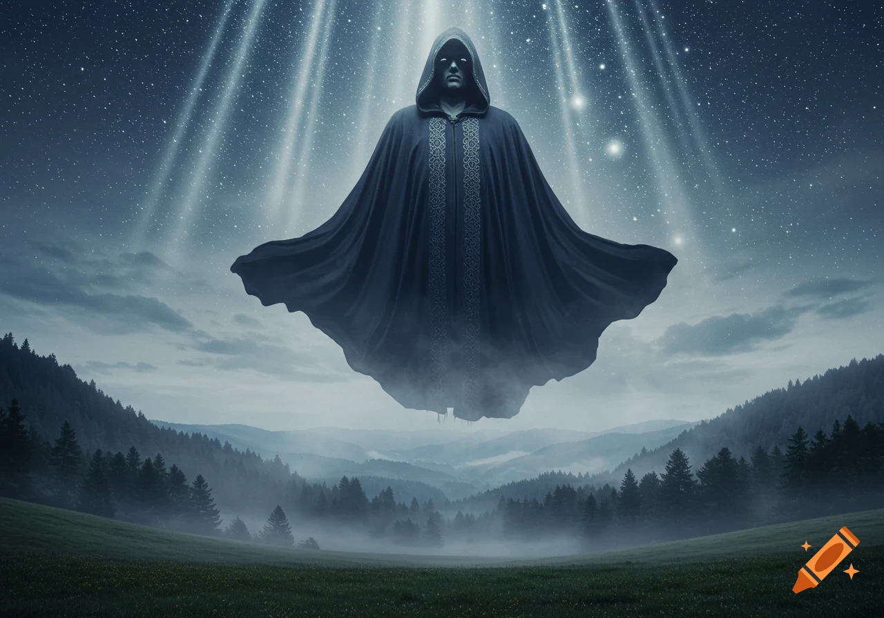 A giant hooded figure floats above a misty forest under a starry night sky with light beams.