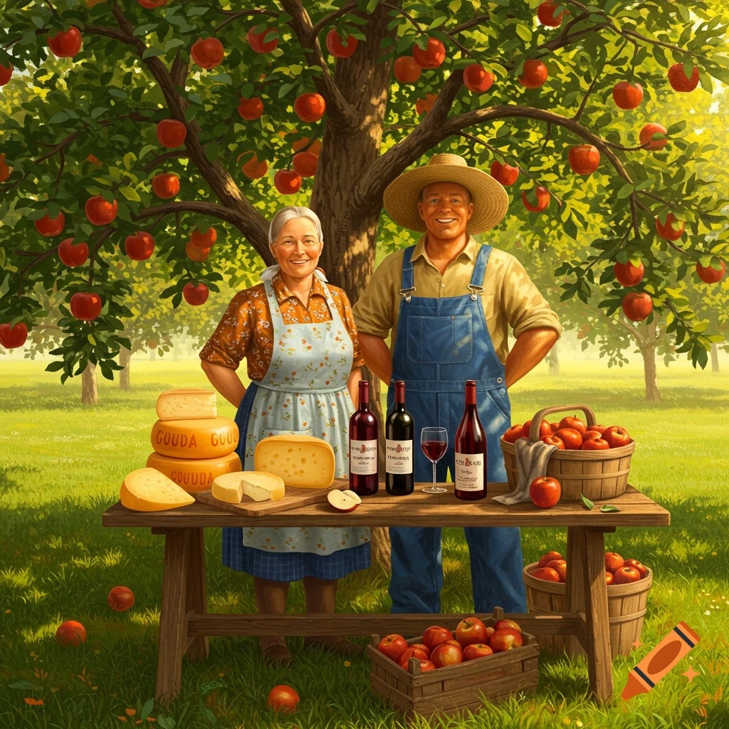 A smiling farmer couple stands behind a wooden table laden with cheese, wine bottles, and baskets of red apples under a vibrant apple tree in an orchard.