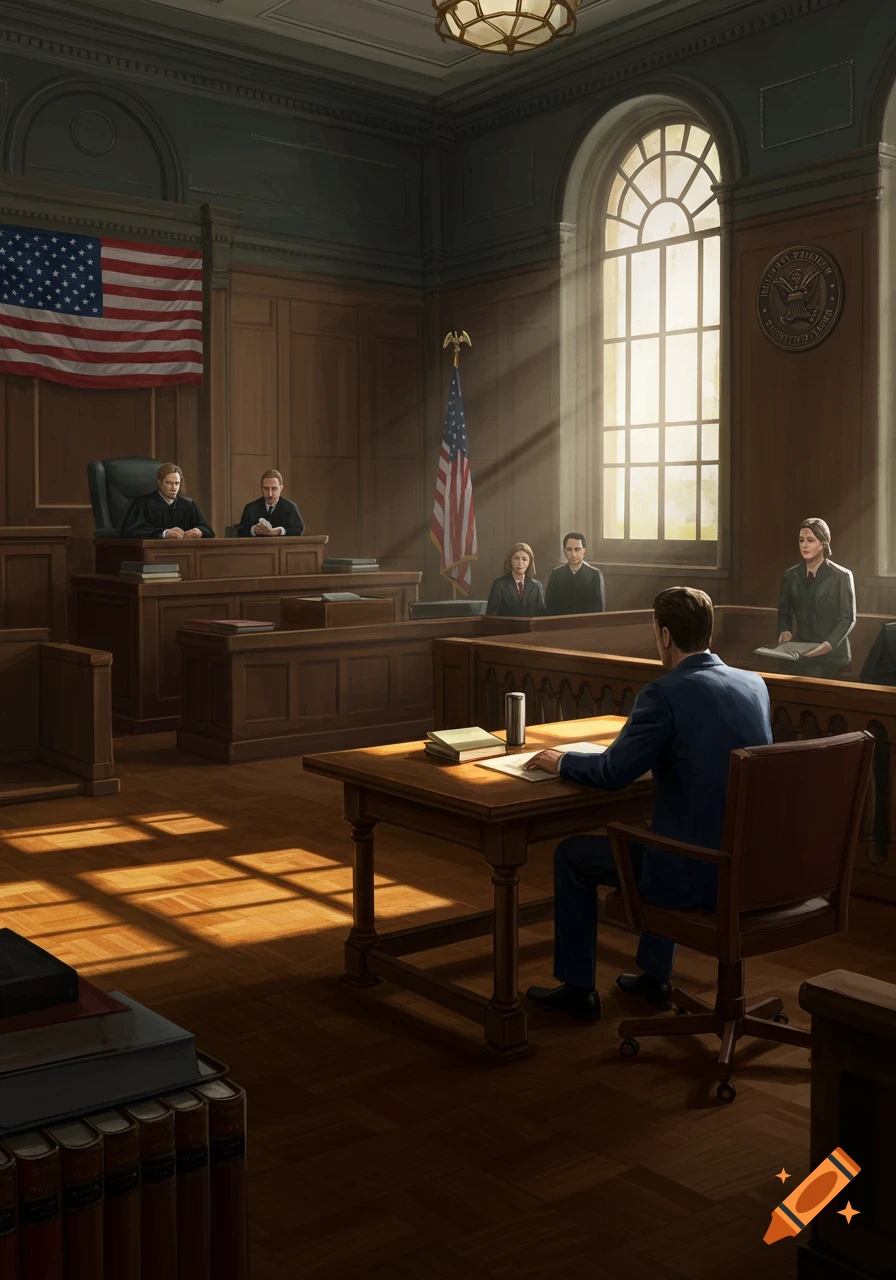 A courtroom scene with judges at the bench, lawyers, and a man seated at a table, with sunlight streaming through a large arched window.