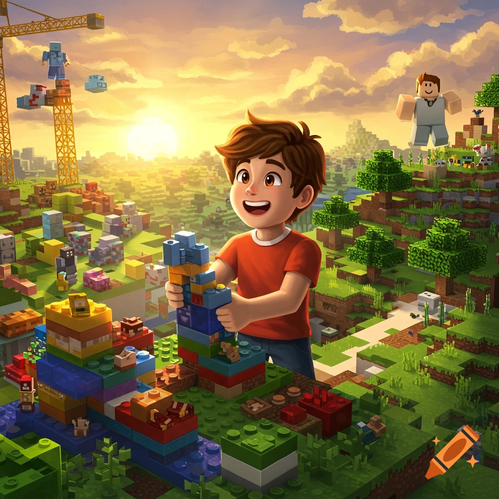 A happy cartoon boy builds with colorful blocks in a sunny, blocky landscape mixing Minecraft and Lego elements, with Roblox characters.