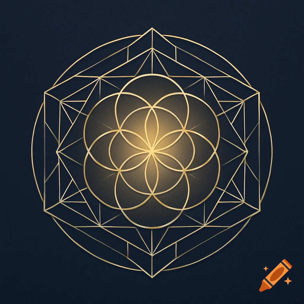 Golden sacred geometry design featuring a central flower of life pattern and complex geometric lines on a dark background.