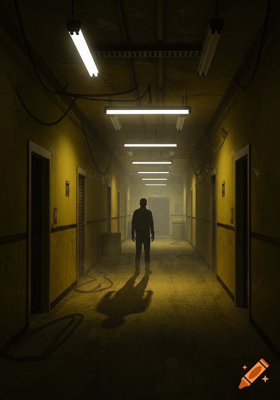 A lone figure stands in a long, yellow-walled industrial corridor illuminated by fluorescent lights, casting a long shadow.
