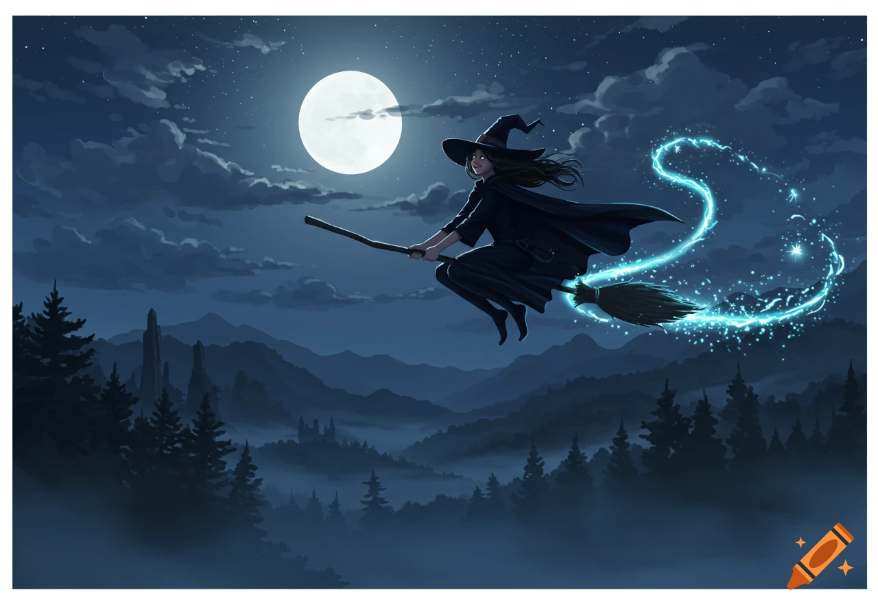 A witch flies on a broomstick under a full moon at night over a misty forest and mountains, leaving a blue magical trail.