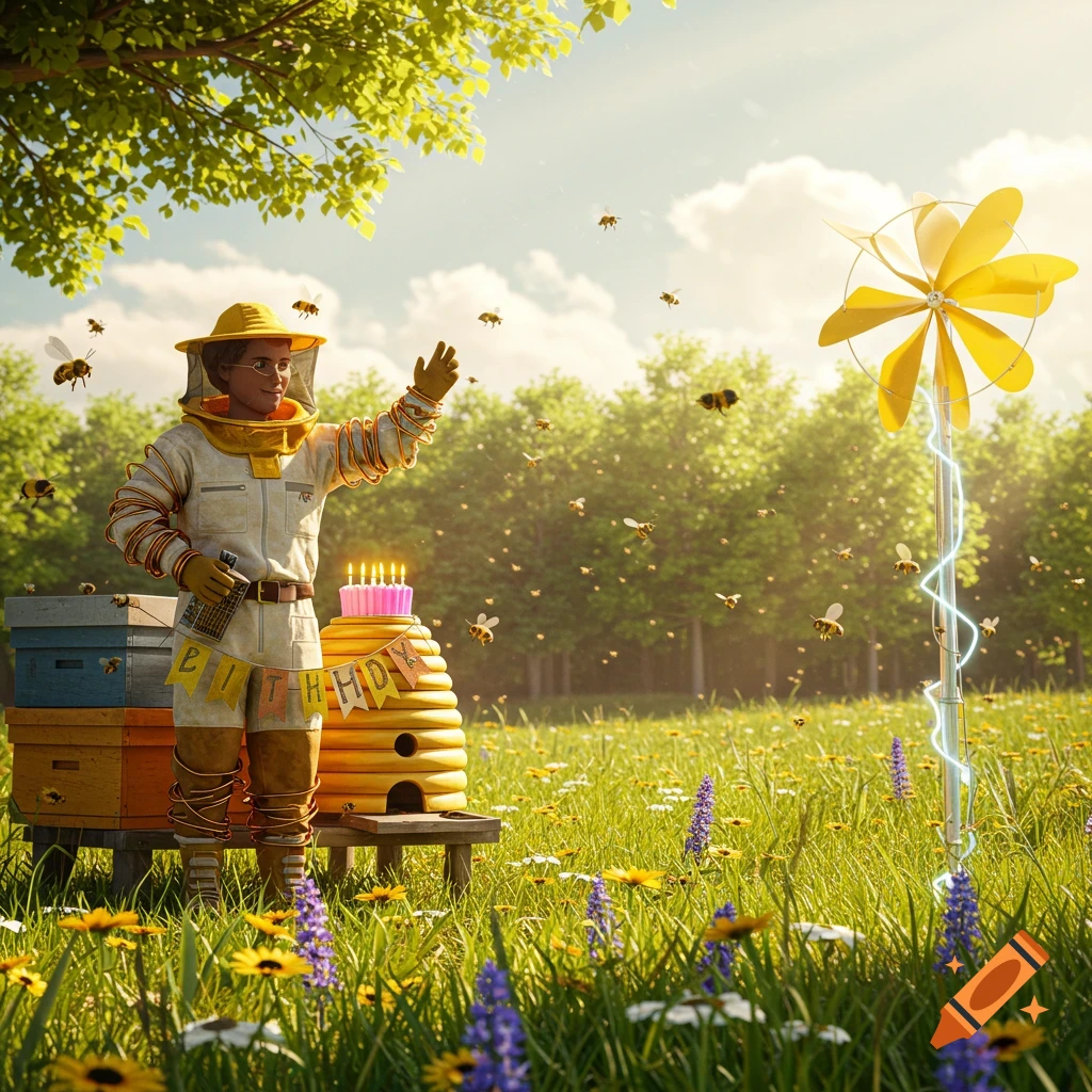 A beekeeper in a field with bees, a birthday cake, and an electric pinwheel under a sunny sky.
